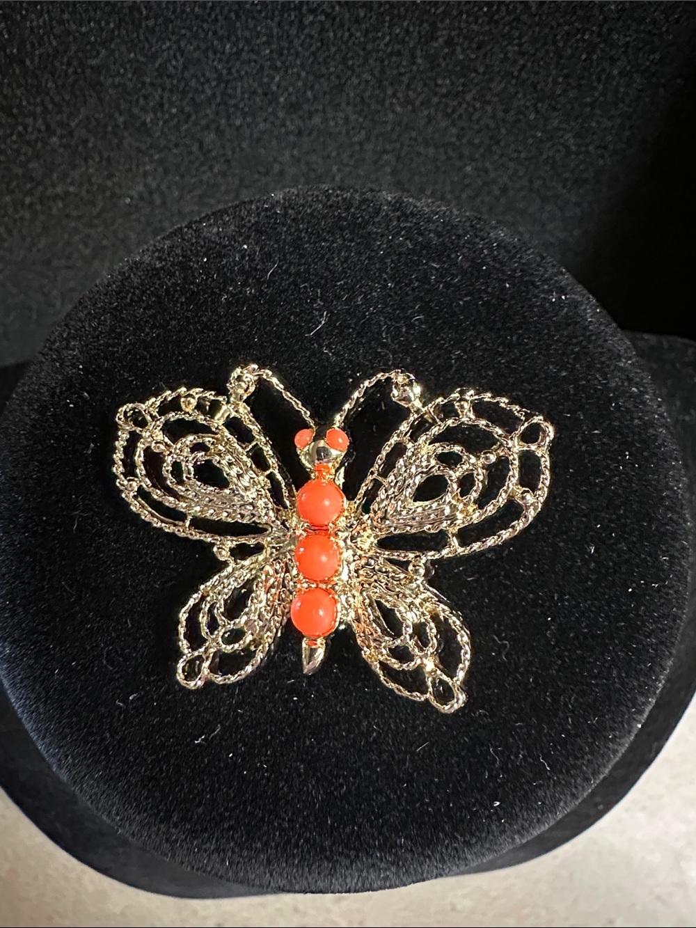 Vintage Gold Tone Filigree Butterfly Brooch with Coral Beads